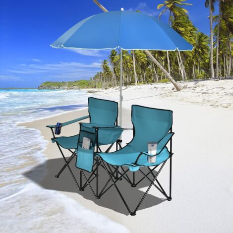 GOPLUS Sedia da Campeggio Pieghevole per 2 Persone con Ombrellone, Poltrona da Campeggio con Tasche, Portabicchieri e Borsa da Trasporto, Ideale per Spiaggia, Pesca, Barbecue, Picnic (Turchese)