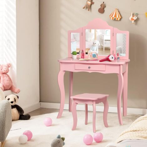 GOPLUS Toeletta Bambina, Set Tavolo da Trucco con Sgabello, con Specchio in 3 Parti, Stile Principessa, 70 x 34 x 104 cm (Rosa)