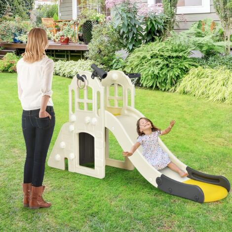 GOPLUS  Scivolo Multifunzionale per Bambini 6 in 1, Set da Gioco con Canestro, Scivolo, Parete da Arrampicata, Lancio dell'Anello, Binocolo, Tunnel, Tavolo da Picnic, 189,5 x 83 x 98 cm (Giallo)