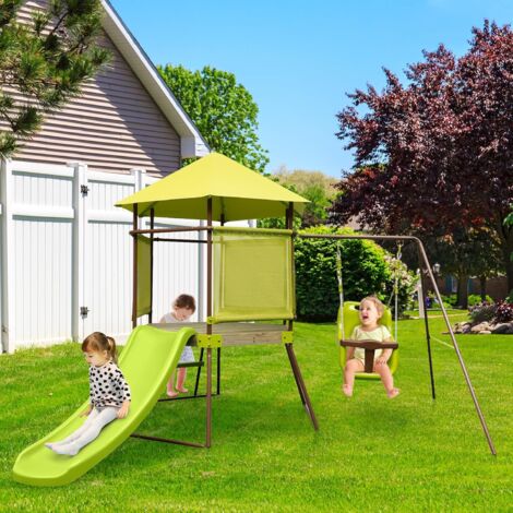GOPLUS Altalena e Scivolo 4-in-1, Parco Giochi Extra Large all'Aperto con Fortino Coperto, Scivolo Lungo, Seggiolino Altalena Regolabile in Altezza, Scale di Arrampicata, per Bambini dai 3 ai 7 Anni