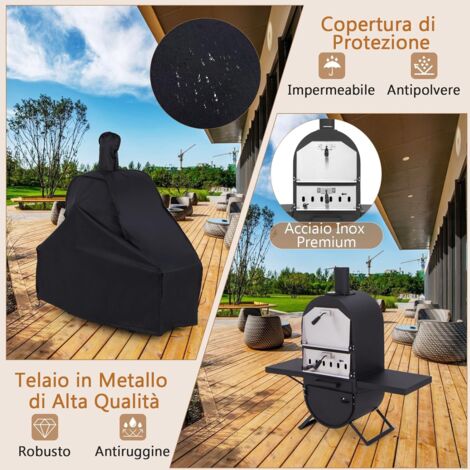 GOPLUS Forno per Pizza da Esterno, Forno per Pizza a Legna con Pietra, Pala, Griglia di Cottura, Termometro e Copertura, Forno per Pizza Autoportante con 2 Ripiani Laterali per Campeggio, Giardino