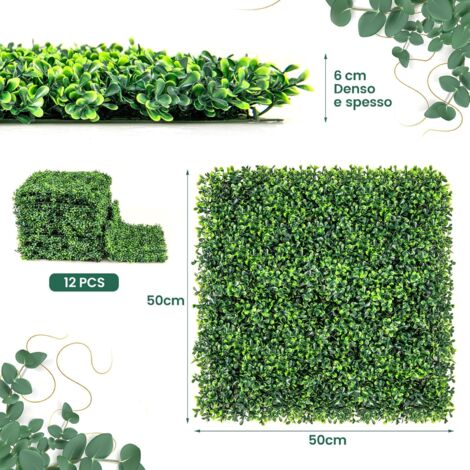 Pannelli Per Parete In Erba Artificiale 50x50 Cm (16 Pezzi) - Effetto 3D Con Foglie Di Menta - Anti-UV Per Giardino, Balcone E Recinzioni