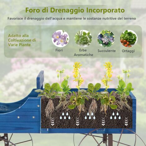 GOPLUS Scaffale Porta Piante, Carrello Fioriera da Giardino, in Legno di Abete e Ferro con 4 Ruote e Manico Regolabile, 62 x 34 x 61 cm (BLU) (1/4)