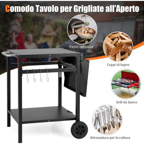 GOPLUS Carrello da Cucina a 2 Piani con 2 Ruote, Carrello Multifunzionale con Piano Pieghevole, 4 Ganci Metallici, Maniglia Laterale, Servizio per Barbecue Esterno