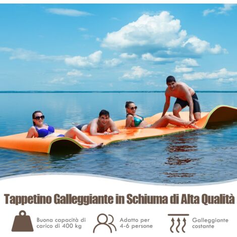 GOPLUS Tappeto Galleggiante d'Acqua 355 X 183CM in Schiuma XPE a 3 Strati, Materasso Galleggiante con Corda Elastica da 3,9M per 4-6 Persone, Tappeto Galleggiante per Piscine, Mari, Laghi