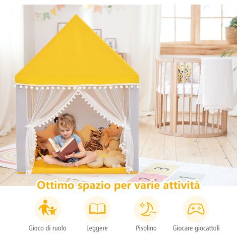 COSTWAY 6 in 1 Tenda per Bambini in Legno, Tenda Casetta da Gioco con Tavolo e Sedia, con Tappetino Lavagna e 6 Scatole Portaghiochi, Capanna per Bambini (Beige 98 x 145 x