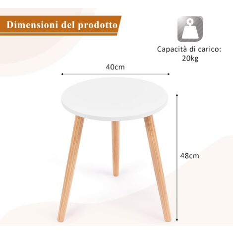 Tavolino Rotondo Bianco Con 2 Ripiani E 3 Gambe In Legno – Stile Scandinavo, Per Soggiorno, Camera, Balcone, 40 Cm