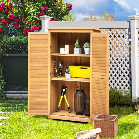 GOPLUS Armadietto per Attrezzi da Giardino in Legno, 3 Ripiani, con Ante Delicate e Maniglia, 87 x 47 x 160cm