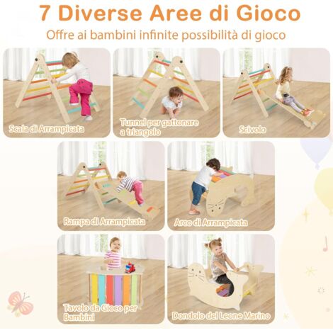Montessori Kit Arrampicata Per Bambini - Multifunzione Con Triangolo, Scala, Semicerchio E 2 Scivoli, Struttura In Polietilene, Portata 50 Kg