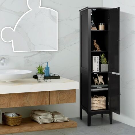 GOPLUS Armadio Alto da Bagno, 37 x 37 x 160 cm, Mobile Stretto Portaoggetti, con 2 Porte, 5 Ripiani, Dispositivo Antiribaltamento, Colonna WC, per Soggiorno, Cucina, Ingresso (Nero)
