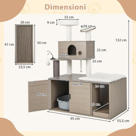 GOPLUS Albero Tiragraffi per Gatti con Mobile per Lettiera, Mobile Nascondi Lettiera con Albero per Gatti, Tiragraffi, Cuccia Morbida, Palline Pendenti, Mobile in Legno per Lettiera per Gatti