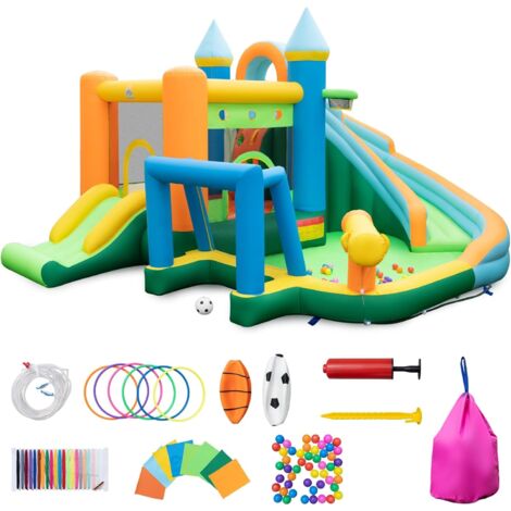 GOPLUS Castello Gonfiabile per Bambini, Parco Acquatico con Piscina, Doppie Scivole, Parete da Arrampicata, Cannone d'Acqua, Basket, Calcio, Palle Oceaniche e Gioco dell'Anello, Combo Casa Rimbalzante