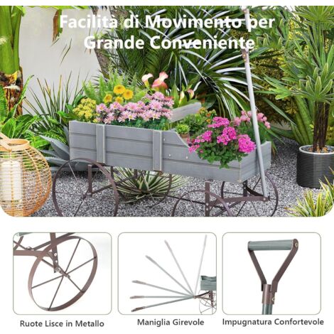 GOPLUS Scaffale Porta Piante, Carrello Fioriera da Giardino, in Legno di Abete e Ferro con 4 Ruote e Manico Regolabile, 62 x 34 x 61 cm (GRIGIO) (1/4)