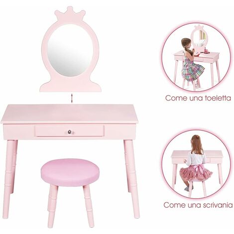 Tavolo Toeletta Bambini 2 In 1 Con Specchio Rimovibile - Scrivania E Trucco, Legno 70x34x100cm Rosa/Bianco - Foto 12