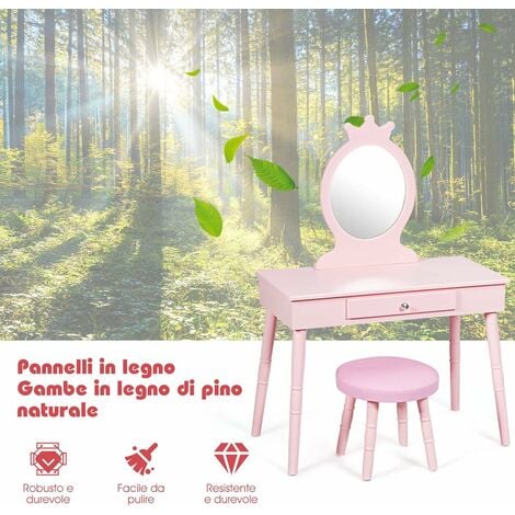 Tavolo Toeletta Bambini 2 In 1 Con Specchio Rimovibile - Scrivania E Trucco, Legno 70x34x100cm Rosa/Bianco - Foto 9