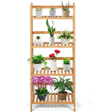 Scaffale a scala con 4 strati in bambù, pianta trapezoidale multifunzione, portafiori da terra angolo per vasi da fiori, 48 x 32 x 115 cm (Naturale) (1/5)