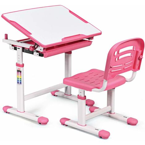 GOPLUS Scrivania Inclinabile con Sedia per Bambini, con Altezza Regolabile (Rosa) (1/5)