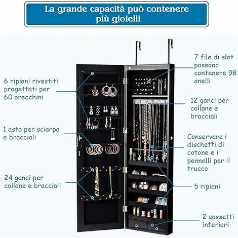 GOPLUS Armadietto Portagioie da Parete con Specchio LED e 2 Cassetti,  Organizzatore per Gioielli in Legno