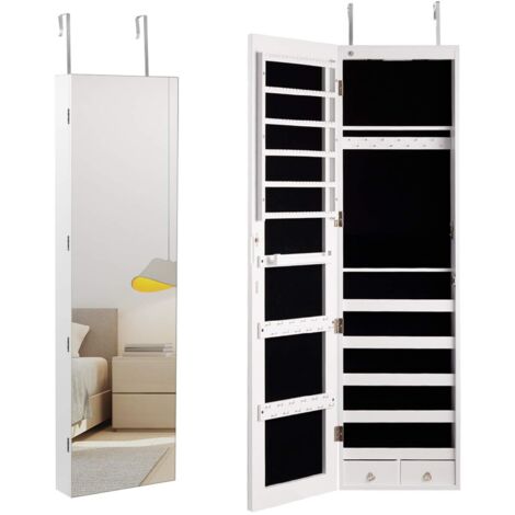GOPLUS Armadietto Portagioie da Parete, con Specchio, Luci di LED, Scaffale/Gancio per Orecchio/Collana/Braccialetto, Alimentazione da 2 AA Batterie (non Incluse), 36x10x120+18 cm, Bianco