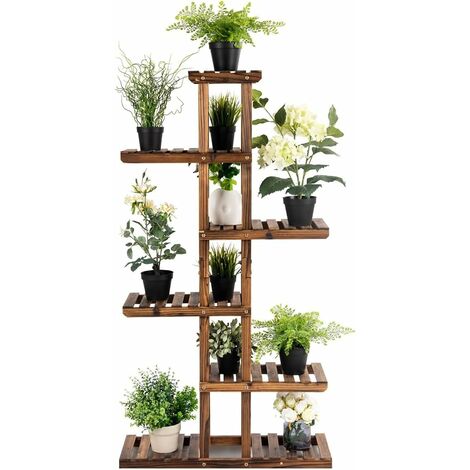 GOPLUS Scaffale Portavasi in Legno con 6 Livelli, Scaffale Carbonizzato per Fiori e Piante, Scaffale Porta Piante con Struttura Stabile, Perfetto per Giardino, Cortile e Balcone, 75 x 25 x 140 cm (1/5)