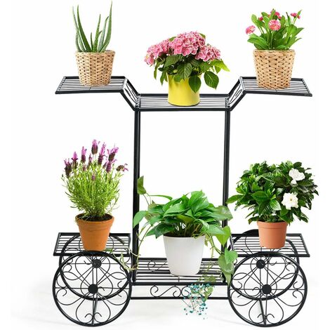 GOPLUS Scaffale Porta-Fiori con 4 Ripiani in Ferro, Supporto per Fioriera in Metallo con 4 Ruote Decorative, Portavasi Multistrati per Piante in Stile Elegante per Giardino, Balcone e Interno, Nero (1/5)