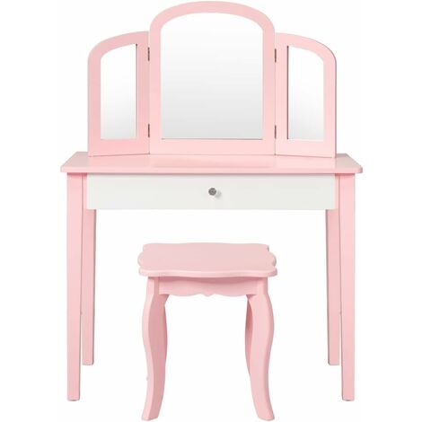 Tavolo Toeletta Bambini 2 In 1 Con Specchio Rimovibile – Legno, 70x34x100 Cm, Rosa/Bianco
