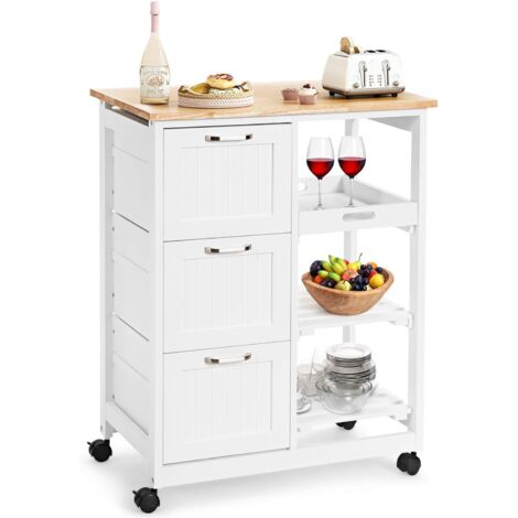 GOPLUS Carrello da Cucina a Isola con Portaoggetti, Carrello da Bar su Ruote con 3 Cassetti, Ripiani Aperti e Vassoio Rimovibile, per Cucina, Sala da Pranzo, 67 x 37 x 83,5 cm (Bianco) (1/5)