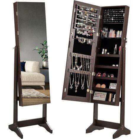 GOPLUS Mobile Portagioie Bianco in Legno Armadio Portagioielli con Specchio Gioielleria 31,5x21,5x86,4cm 