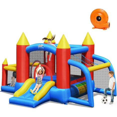 Castello Gonfiabile Multifunzionale, Trampolino Gonfiabile, Area di Gioco Gonfiabile, Trampolino con Scivolo e Rete Protettiva, Ventilatore Incluso, per Bambini di 3-10 Anni, Multicolore