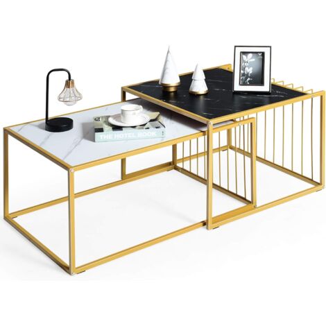 GOPLUS Set di 2 Tavolini da Salotto, Set Tavolini Sovrapponibili con Struttura Metallica, Tavolini Bassi da Caffè, Tavolinetti con Design Moderno