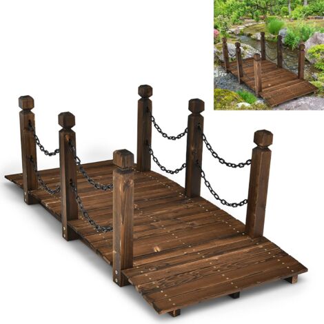 GOPLUS Ponticello Decorativo,in Legno di Massello Carbonizzata da Giardino, ad Arco, con 6 Corrimani, Ringhiere, Ideale per Parco, Cortile, Portata di 200 kg, Marrone, 151x67x55 cm