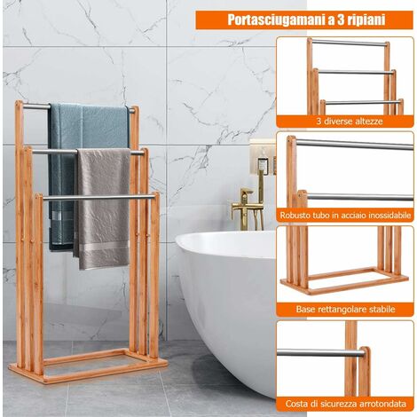 GOPLUS Porta Asciugamani per Bagno in Legno 3 Aste, Portasciugamani da terra 46x24x84cm