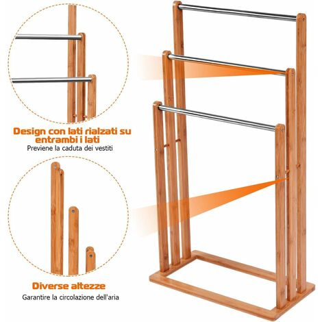 GOPLUS Porta Asciugamani per Bagno in Legno 3 Aste, Portasciugamani da terra 46x24x84cm