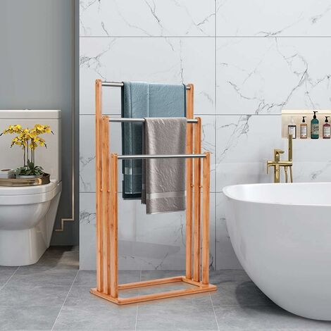 GOPLUS Porta Asciugamani per Bagno in Legno 3 Aste, Portasciugamani da terra 46x24x84cm