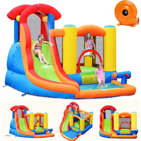 Goplus 6 in 1 Castello Gonfiabile Gigante, Area di Gioco Gonfiabile,  Trampolino con Scivolo e Piscina, Gonfiabile con Compressore Elettrico, per  4 Bambini di età 3-10 Anni (320 x 274 x 213 cm)