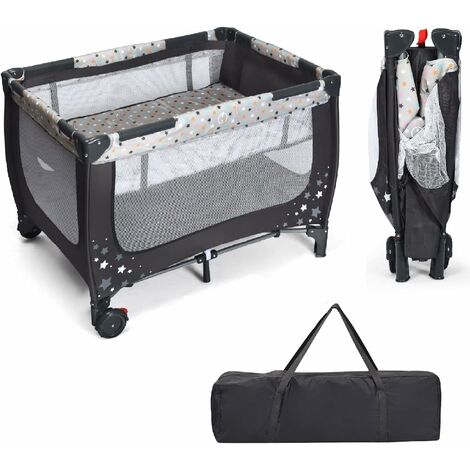 GOPLUS Lettino Neonati Portatile, Culla Pieghevole da Trasporto a 2 Ripiani, Ruote Bloccabili, Recinzione a Rete, Età Consigliata di 0-36 Mesi, 125x65x76 cm, Blu/Grigio