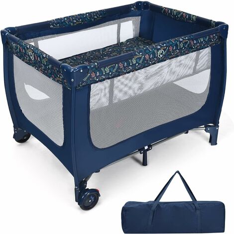 GOPLUS Lettino Neonati Portatile, Culla Pieghevole da Trasporto a 2 Ripiani, Ruote Bloccabili, Recinzione a Rete, Età Consigliata di 0-36 Mesi, 125x65x76 cm, Blu/Grigio