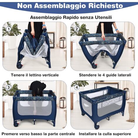 GOPLUS Lettino Neonati Portatile, Culla Pieghevole da Trasporto a 2 Ripiani, Ruote Bloccabili, Recinzione a Rete, Età Consigliata di 0-36 Mesi, 125x65x76 cm, Blu/Grigio
