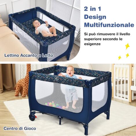 GOPLUS Lettino Neonati Portatile, Culla Pieghevole da Trasporto a 2 Ripiani, Ruote Bloccabili, Recinzione a Rete, Età Consigliata di 0-36 Mesi, 125x65x76 cm, Blu/Grigio