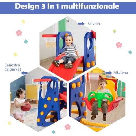 Goplus Set 4 in 1 con Scivolo, Scala da Arrampicata, Altalena e Canestro da  Basket, Palestrina e Parco Giochi in Plastica da Giardino per Bambini 3-8  Anni, per Esterni e Interni, 167 x 150 x 126 cm