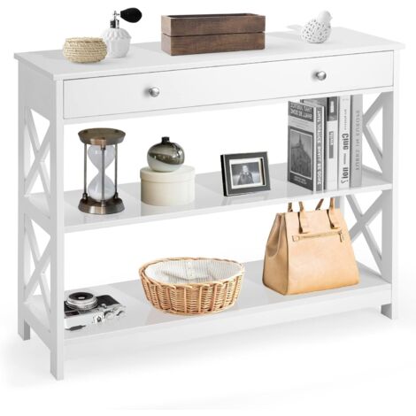 GOPLUS Tavolo Consolle da Ingresso con 2 Ripiani, Cassetto, Lati a Forma di X per Corridoio, Camera da Letto, Soggiorno, Tavolo Semplice, 100 x 30 x 80 cm (Bianco)