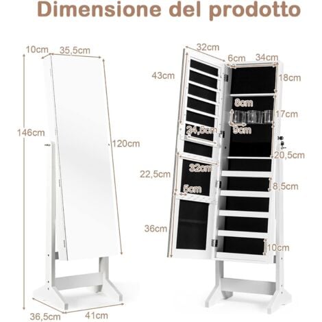 GOPLUS Armadietto Portagioie da Terra, Portagioielli Regolabile, Specchiera  a Figura Intera, Organizzatore per Gioielli e Cosmetici