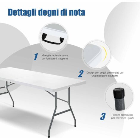 Tavolo Pieghevole Portatile LSKSSNG 1,8m - Bianco, In Plastica HDPE E Acciaio, Con Maniglia, Capacità 136kg, Per Campeggio, Feste, Giardino E Interni - 3
