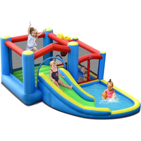 GOPLUS Casa Gonfiabile, Gonfiabile 5 in 1 per Bambini con Scivolo, Area per Saltare, Area con Palline, Freccette, Anello da Basket, Casa Gonfiabile Gigante da Esterno con Accessori (Compressore Non in