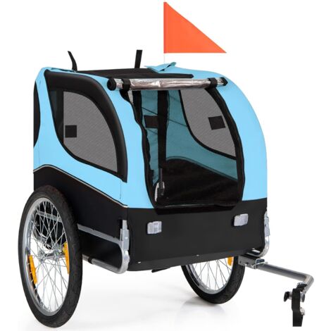 GOPLUS Rimorchio per Cani, Carrello per Cani in Rete Traspirante con 3 Ingressi, Bandiera di Sicurezza, Catarifrangenti, Aggancio Universale per Biciclette, Adatto a Cani di Taglia Media (Blu)