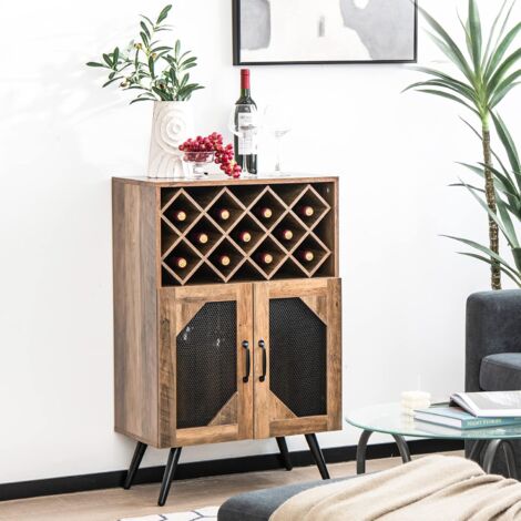 GOPLUS Mobile Portabottiglie Rimovibile, Contene 11 Bottiglie di Vino e 6-9 Bicchieri, Armadietto Credenza Scaffale per Soggiorno, Bar, Antiribaltamento, 59,5 x 35 x 93,5 cm, Marrone Industriale