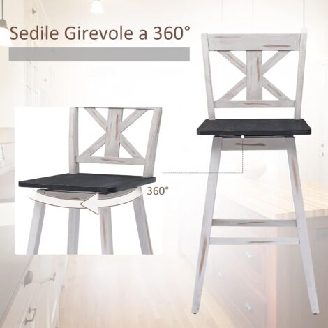 Set Di 2 Sedie Da Bar Girevoli In Legno: Schienale Alto, Stile Retrò, Portata 97 Kg (Bianco)