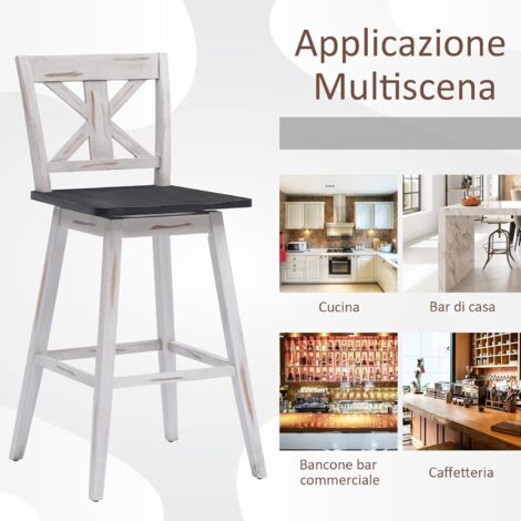 Set Di 2 Sedie Da Bar Girevoli In Legno: Schienale Alto, Stile Retrò, Portata 97 Kg (Bianco)