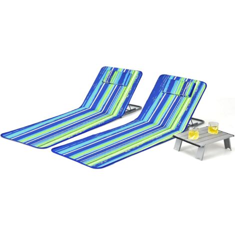 GOPLUS Tappetino Da Spiaggia Reclinabile, Set Di 2 Sedie E Tavolino Angolo Regolabile Design Pieghevole Multifunzione Adatto Per Spiaggia Parchi Cortili Campeggio Blu Scuro 54463497
