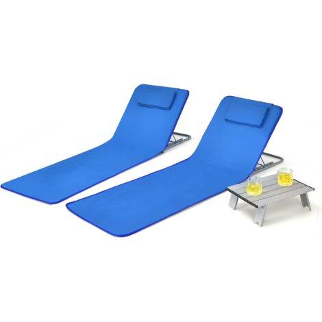 GOPLUS Tappetino da Spiaggia Reclinabile, Set di 2 Sedie e Tavolino, Angolo Regolabile, Design Pieghevole Multifunzione, Adatto per Spiaggia, Parchi, Cortili, Campeggio (Blu scuro) (1/5)